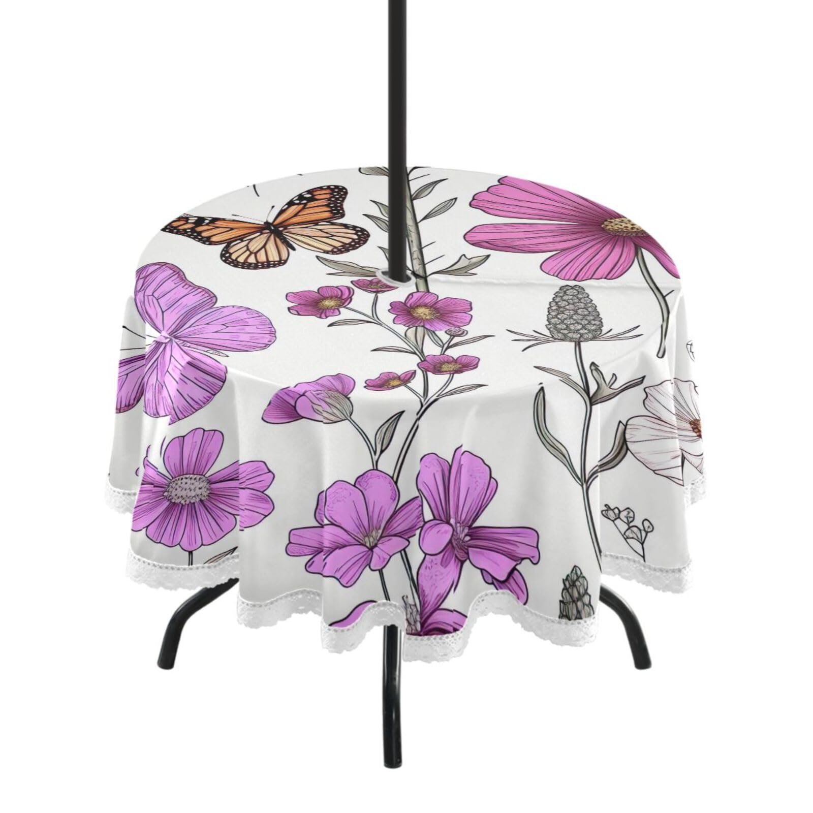 Wajiw 60 Inch Indoor Outdoor Round Tablecloth with Umbrella Hole and Zipper Waterproof Patio Table Cover for Camping Dining Room Party Outdoor Picnic,Wildflowers