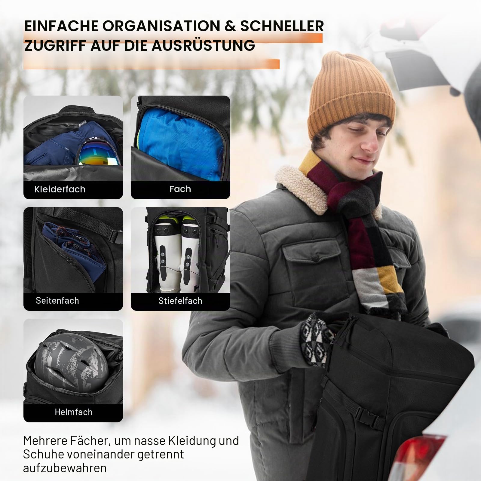 Odoland Skitasche Set, Gepolstert Skisack und Schuhtasche Combo für Flugreisen, Ski Tasche für Skier bis zu 200 cm, wasserdichte Ski Bag zur Aufbewahrung für Herren und Damen