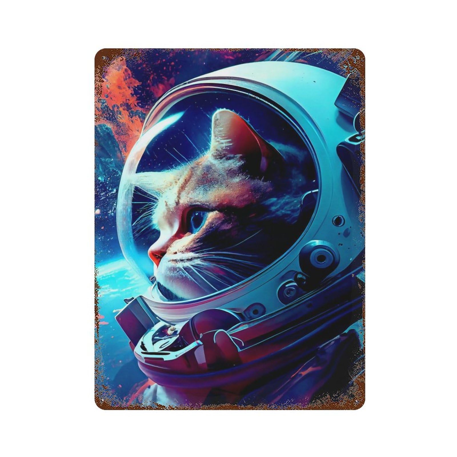 Decorative Tin Sign with Cat Astronaut Design 15.7"x11.8", for Basement, Hobby Room And Garage Decor, Rustic Home Decor