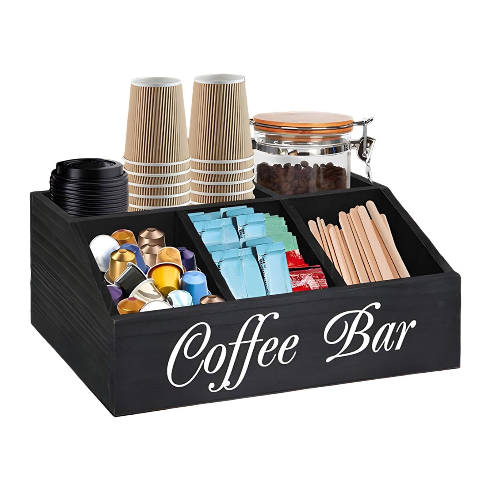 Étagère à café en bois | Organisateur de condiments de café | Plateau de rangement pour café | Panier de rangement pour dosettes de café avec séparateurs amovibles pour la maison, le bureau