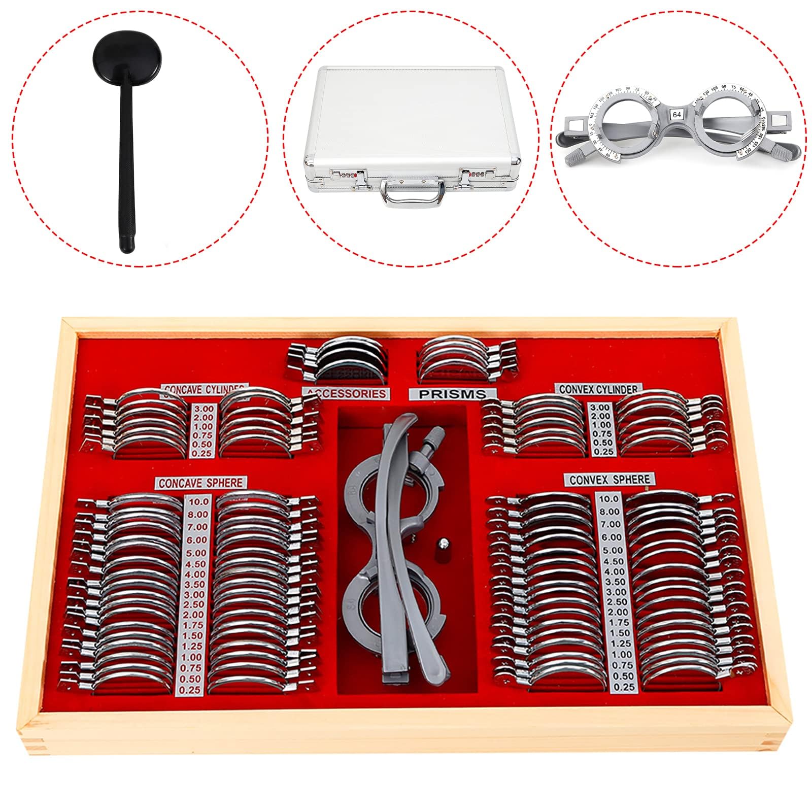 Trial Lens - Set di lenti di prova, 104 pezzi, lenti con occhiali di prova, in metallo, ottometria, lenti di prova, lenti ottiche, con telaio ottometrico e valigetta ottometrica