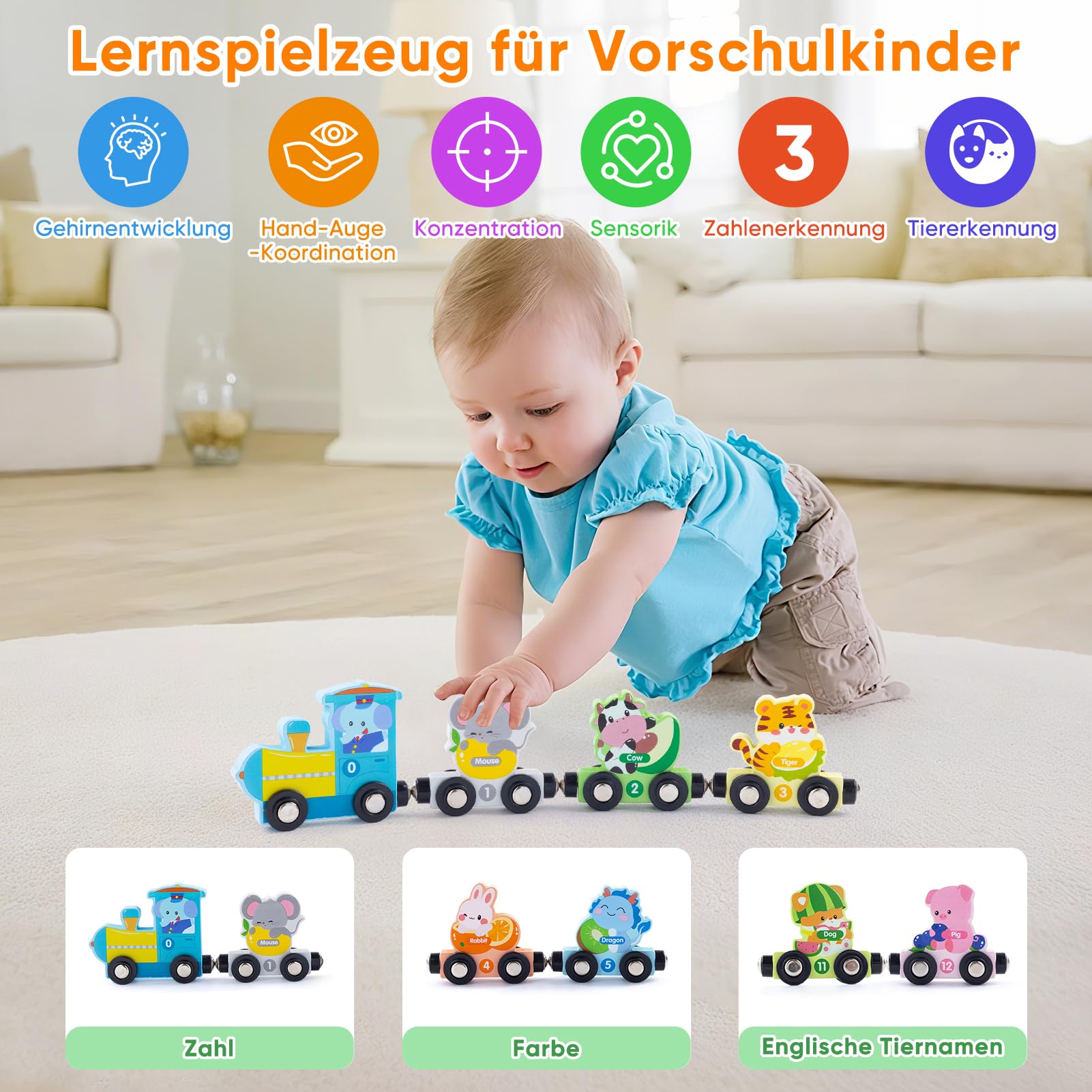Giocattoli Montessori a partire da 1, 2, 3 anni, Set di 13 Animali in Legno a Forma di Treno, Treno di Animali Magnetico in Legno con Tappetino da Gioco, Giocattolo Educativo per Motorizzazione per