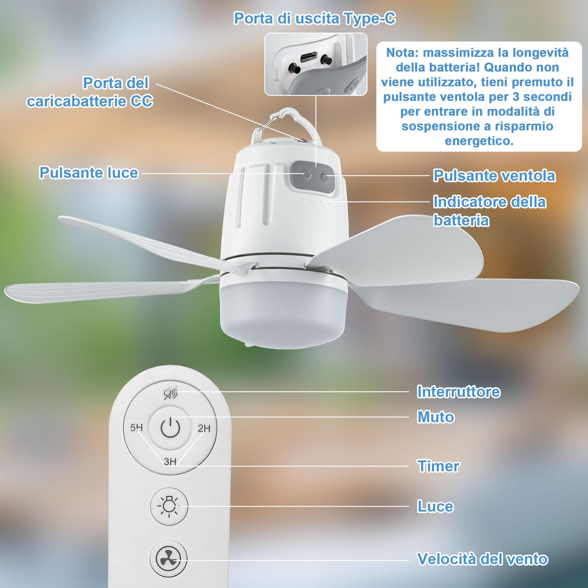 Gliztech 50CM Ventilatore da Soffitto Esterno, 20000mAh Lampadario con Pale con Batteria, Ventilatore Campeggio Rimovibile con Gancio e Telecomando per Gazebo, Terrazza, Tenda