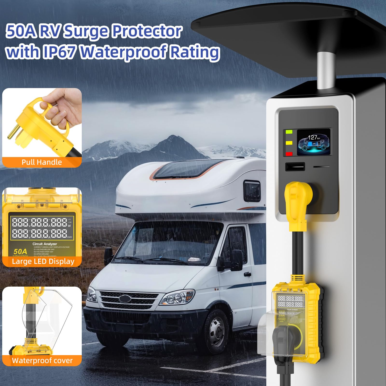 Protector de sobretensiones de 50 amperios para Rv impermeable IP67, 19000 J mejorado RV Power Surge Protector con certificación de seguridad, enchufe adaptador RV para caravana, analizador