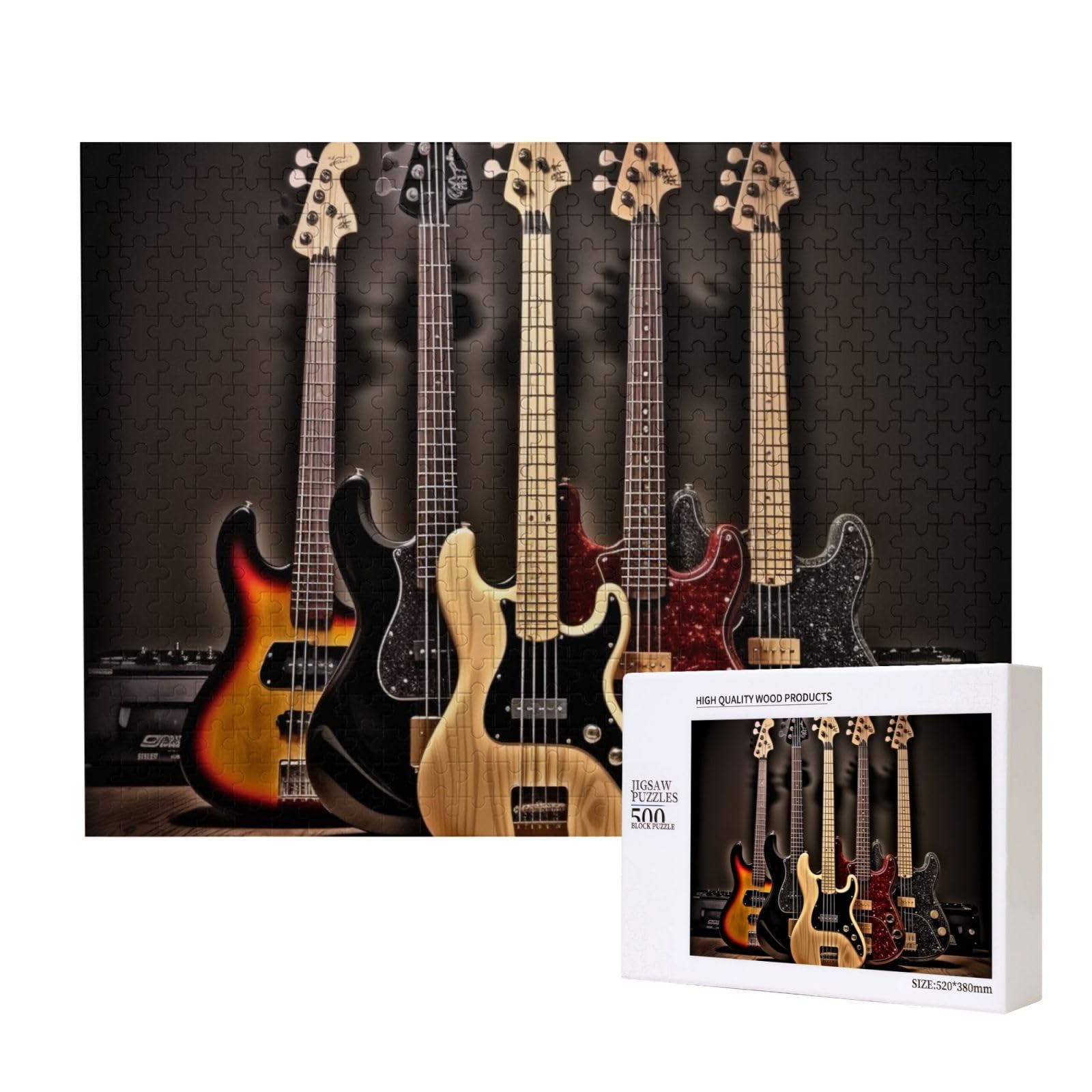 Guitar Bass Music Musical Instruments Printed 500 Pieces Jigsaw Puzzle with Storage Box, Wooden Puzzle for Adults and Kids, Family Fun Decorative Game, 52x38 CM