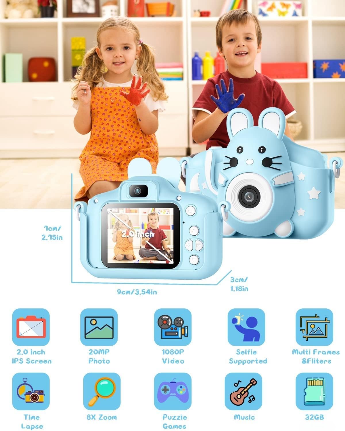 Gofunly Macchina Fotografica per Bambini, 2.0 Pollici Schermo HD da 20MP 1080P Selfie Videocamera Bambini con Scheda 32GB, Fotocamere Digitali per Bambini Regalo Natale & Compleanno da 3 a 12 Anni Blu