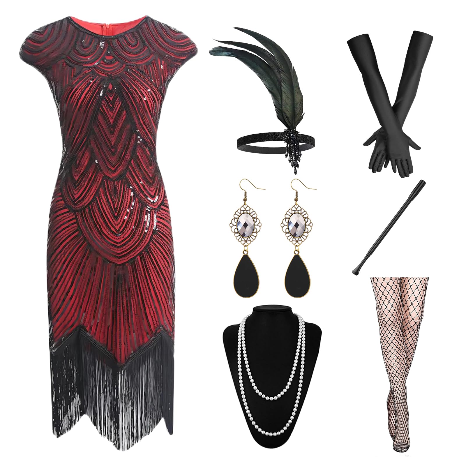GOHOY Women's 1920S Sequin Fringed Flapper Dress with Roaring 20s Accessories
