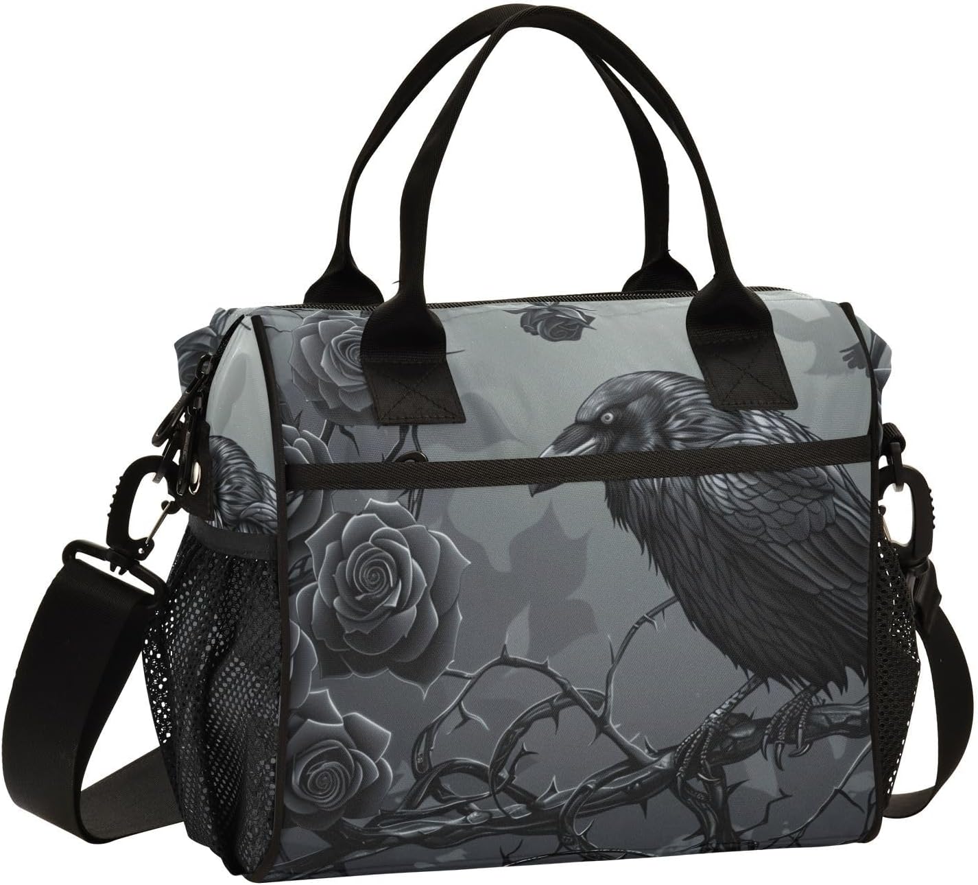 Gothic Raven Skull Lunch Bag Insulated Reusable Leak-proof Lunch Box Cooler Bag with Thermal Aluminum Lining Detachable Shoulder Strap Small