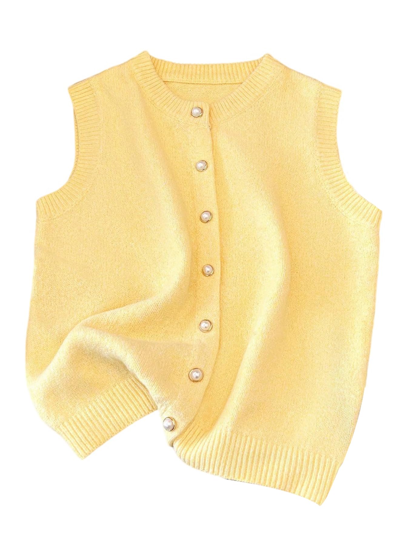 GORGLITTER Womens Pearl Button Up Sweater Vest Crew Neck Sleeveless Knit Tank Tops Fall Cardigan