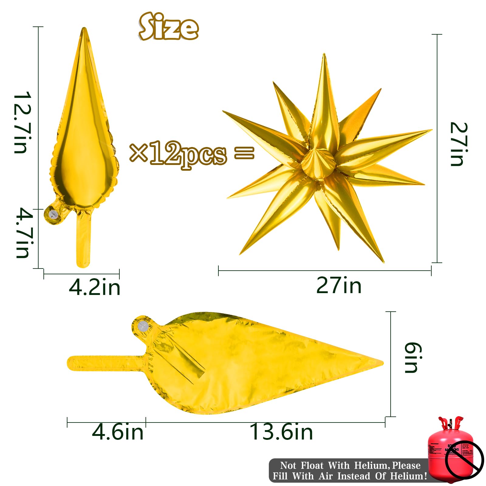 Moukiween 60 PCS Gold Star Foil Balloons, 12 Point Cone Explosion Star Foil Balloons for Birthday, Wedding, Graduation Ceremony and Anniversary Backdrop (Gold)