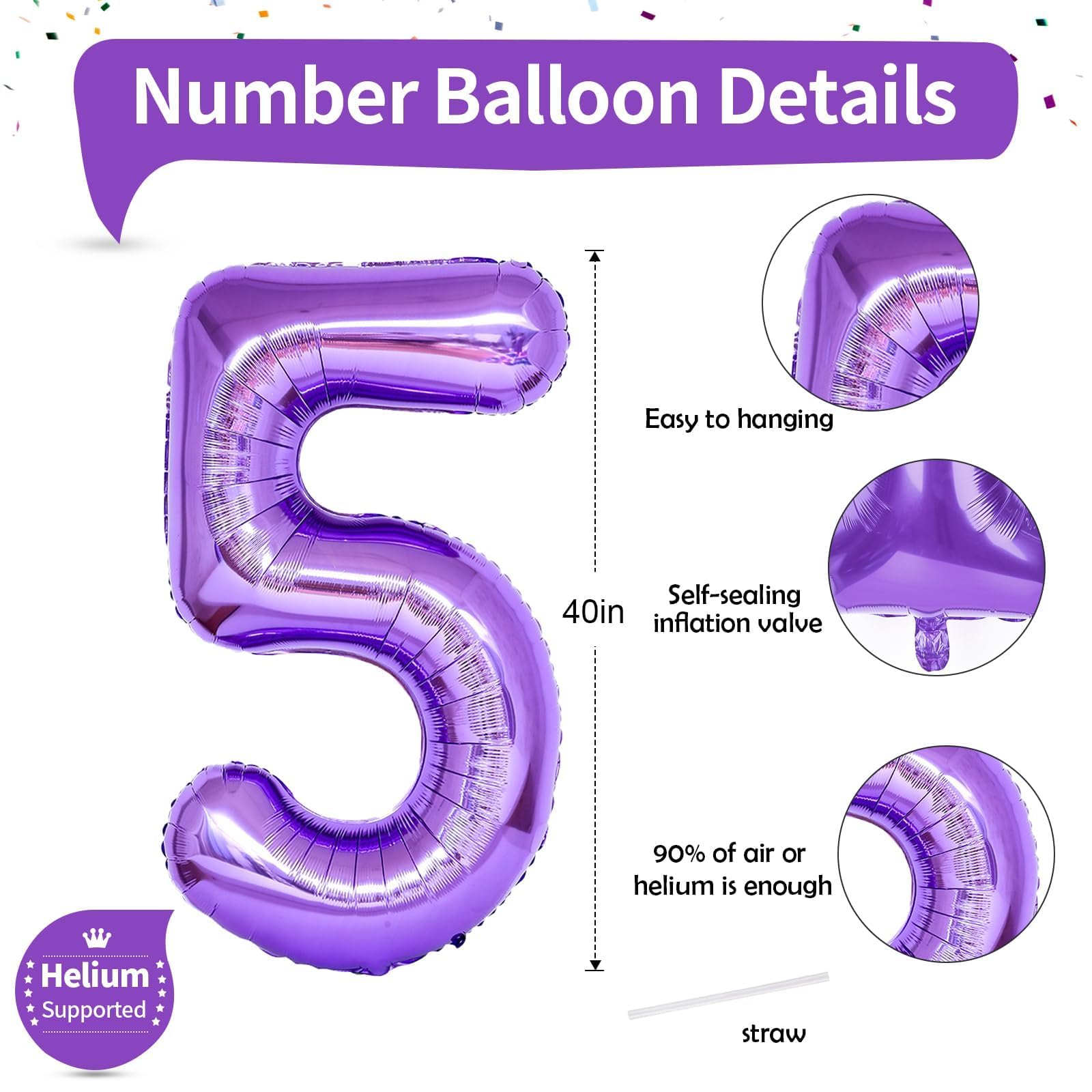 5. Geburtstag Zahlen Ballon für Mädchen, Große Folienballon 0–9 Zahlenluftballons Geburtstagsdeko, 40'' Lila Zahl 5 Luftballon für Kinder Geburtstag Party Frau Jubiläum Party Deko, Fliegt mit Helium
