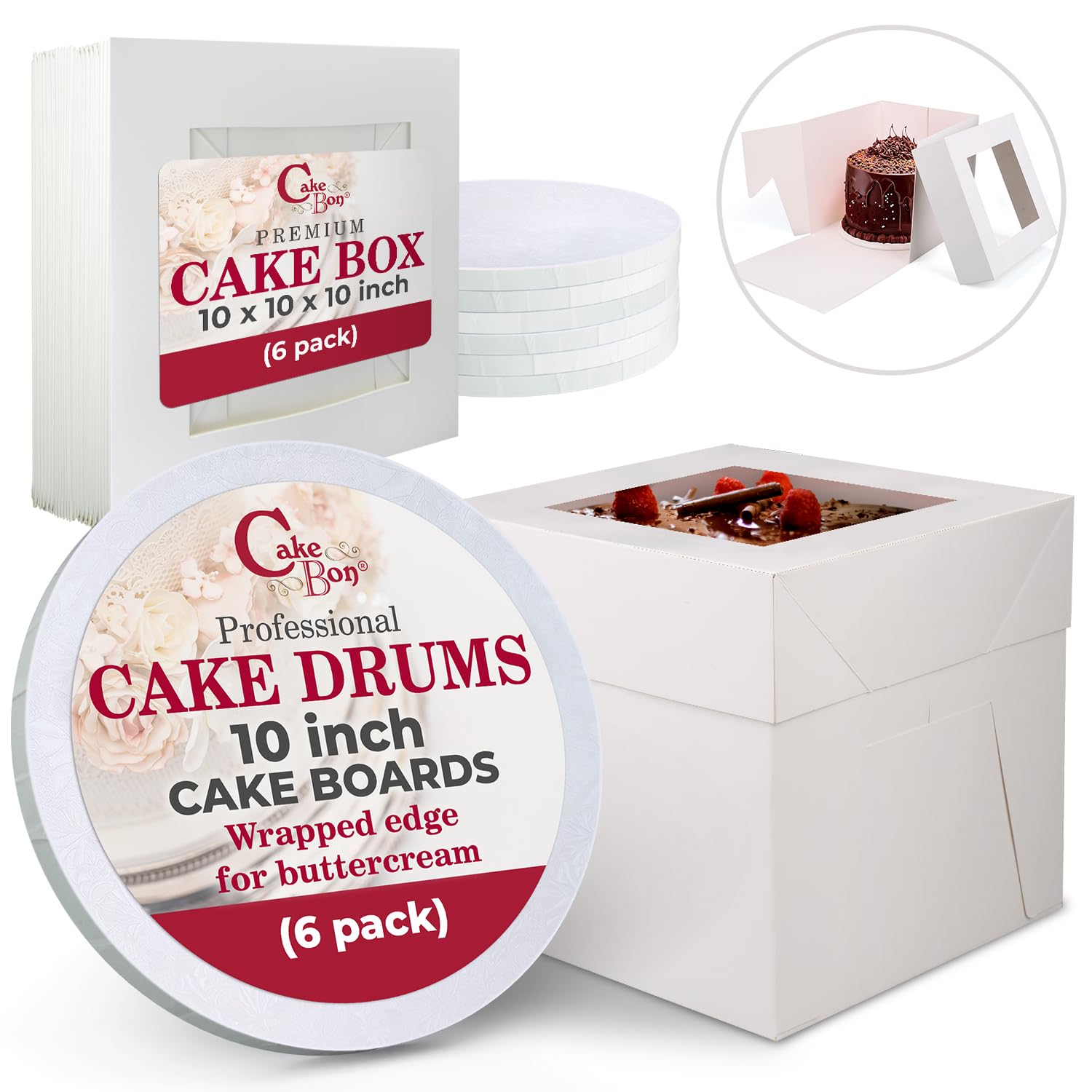Cakebon Modernas y elegantes cajas blancas para tartas de 10 pulgadas con ventana (paquete de 6) – perfectas para cumpleaños, bodas y fiestas