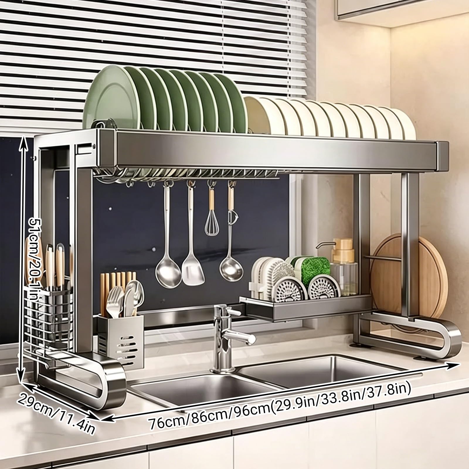 Escurreplatos sobre el Fregadero de Acero Inoxidable 304, Altura Ajustable, Ahorro de Espacio, Adecuado para el Fregadero de la Cocina, Ideal para secar Platos(Single Layer,76cm/29.9in)