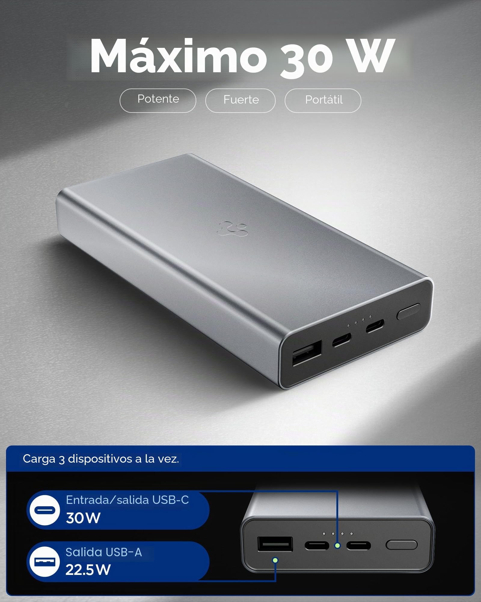 Spigen Essential 20,000mAh 30W Batería Externa, Power Bank Carga Rápida, Cargador Portátil Compatible con iPhone 17 16 Pro MAX Samsung Galaxy A57 A37 5G S26 S25 Ultra Plus Google Pixel 10a - Gris