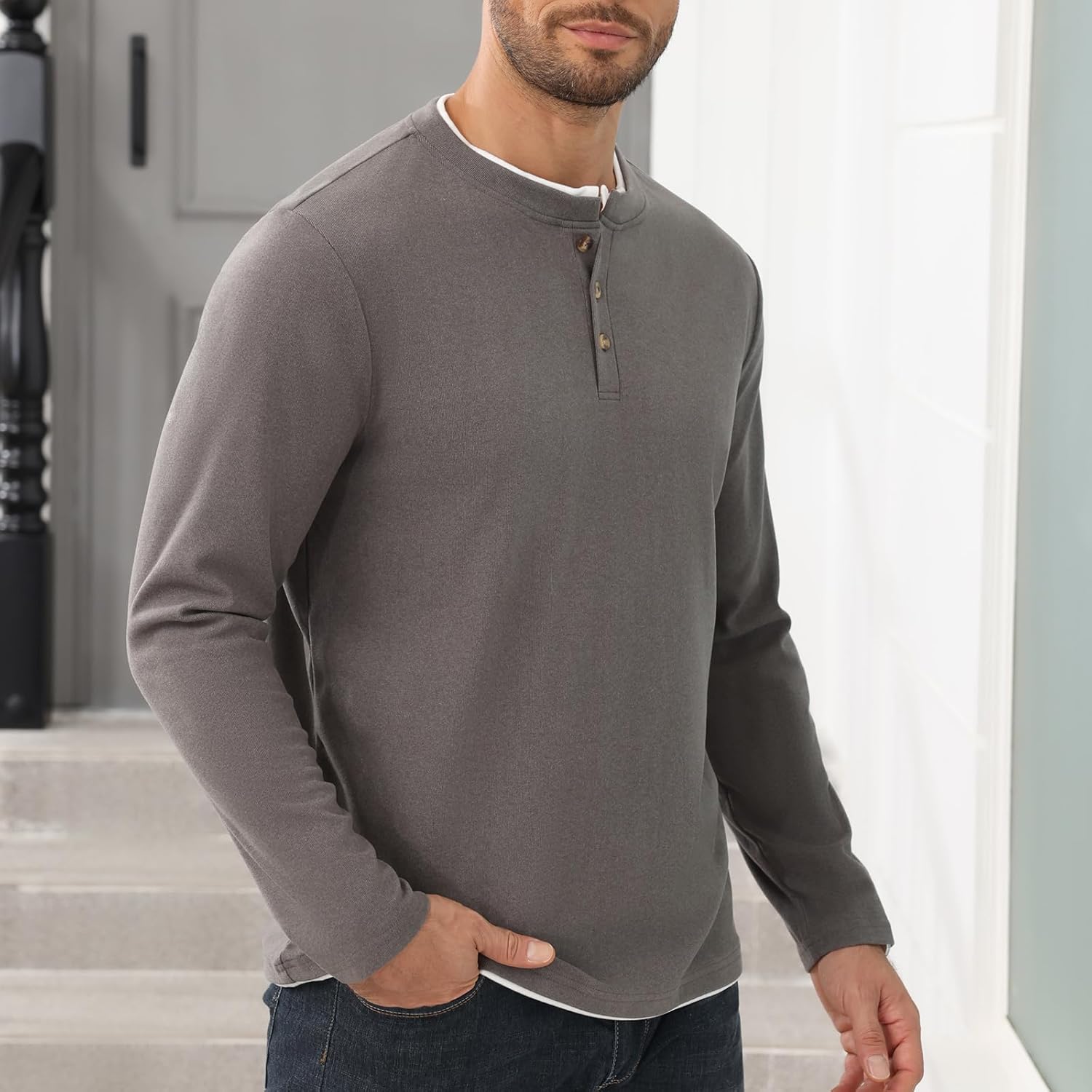 Uni Clau Men's Henley Shirts Classic Button T-Shirt Long Sleeve Casual Thermal Pullover Shirt - Image 6