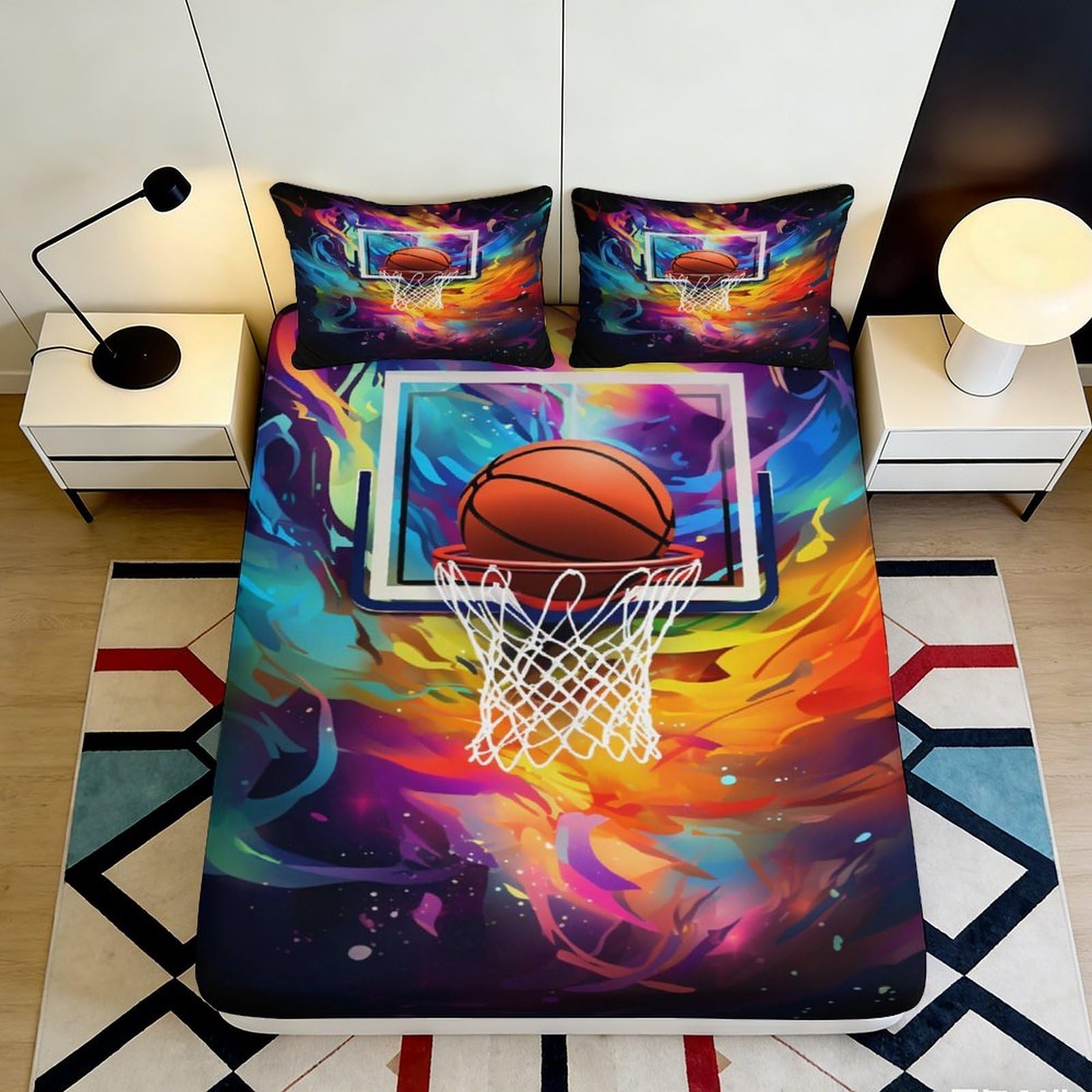 3D Printed Basketball Hoop Fitted Sheet Microfiber Colourful Splash Bed Cover for Bedroom Dorm Mattress Decor 90x200x25cm