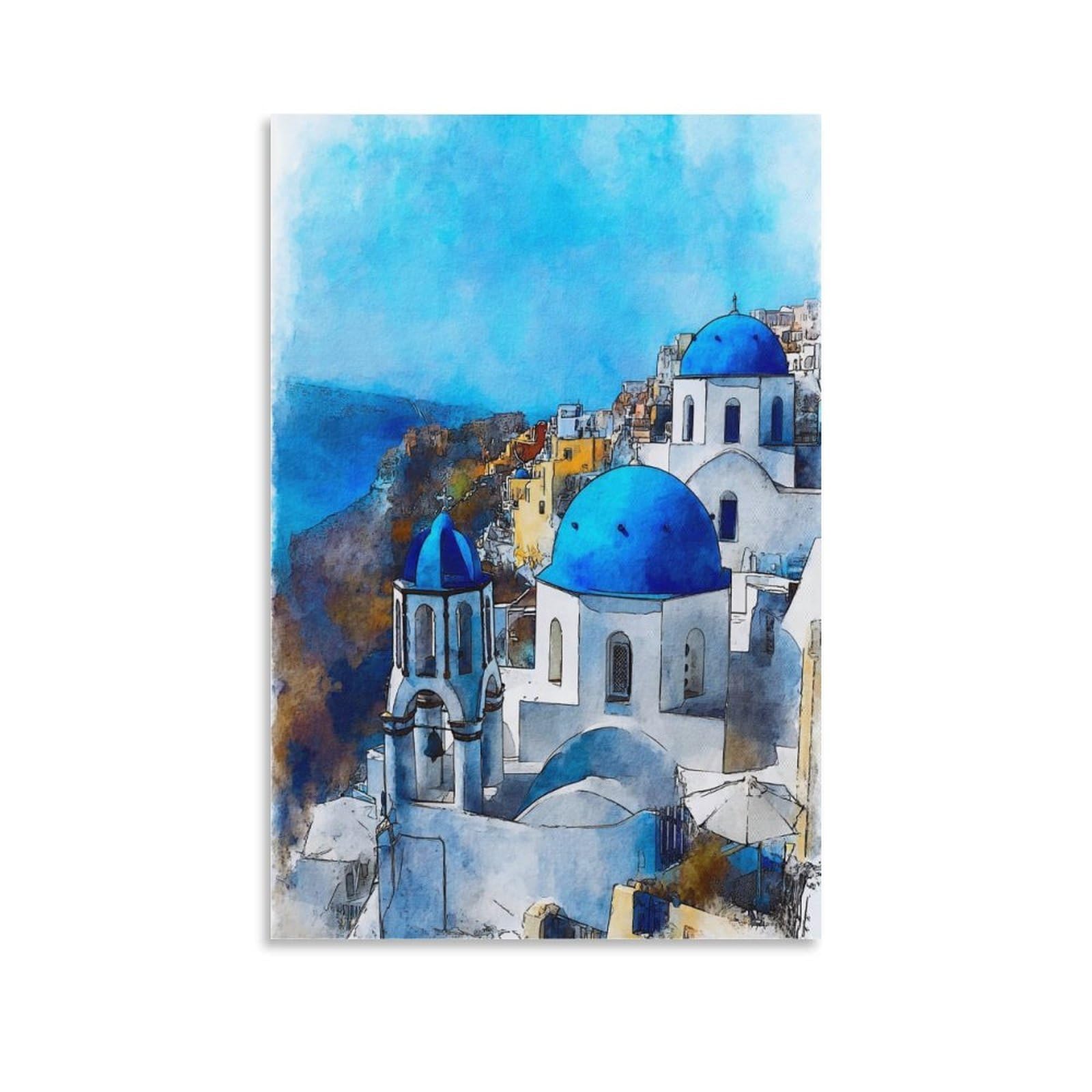 Lcynnh Unframe-Style Santorini 20X30inch(50X75cm) Vintage Travel Poster Watercolor Canvas Art