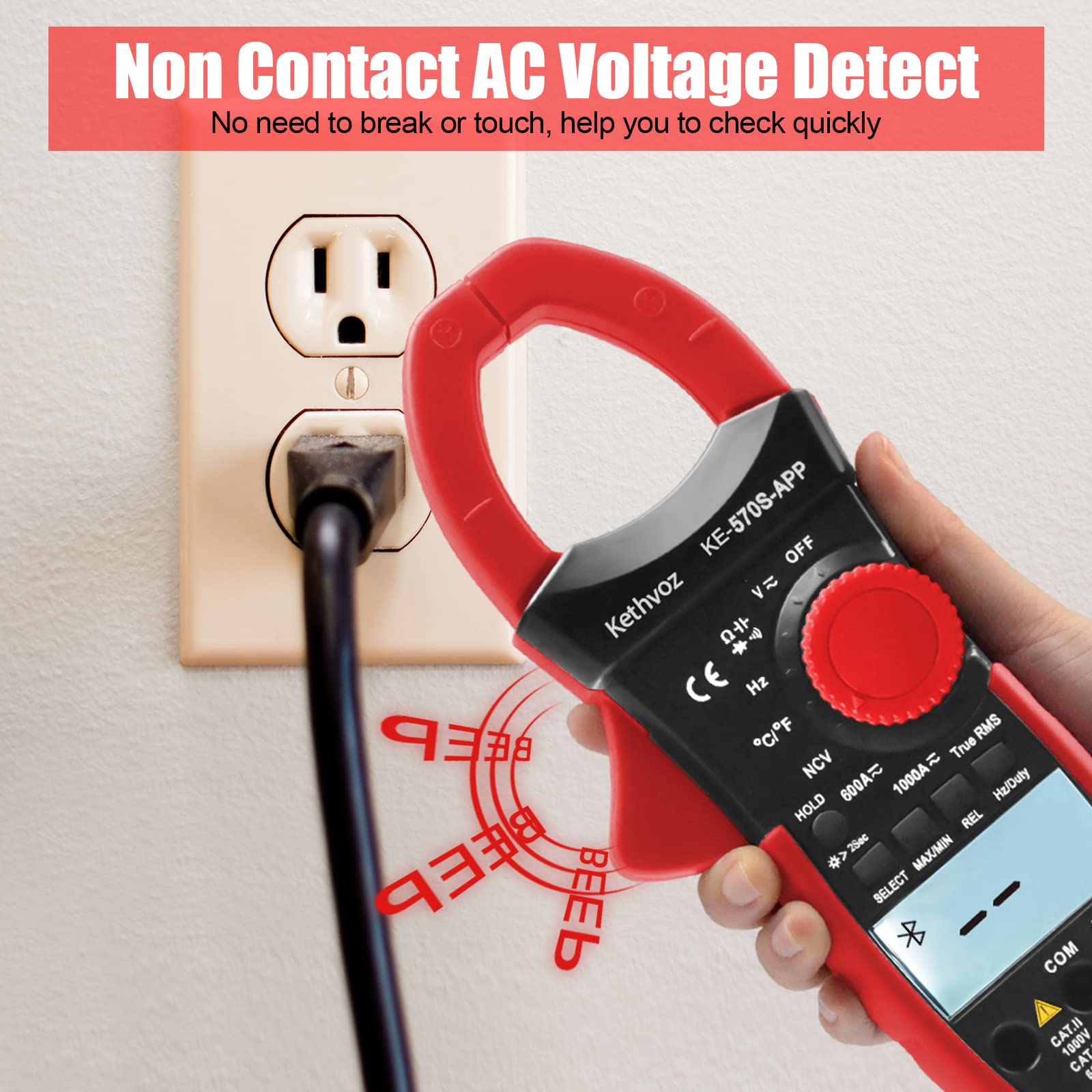 Bluetooth Clamp Meter Zangenamperemeter, Kethvoz Anto Range True-RMS Stromzange NCV Voltmeter 570S-APP Measure AC/DC Spannung Strom,Durchgang Widerstand Kapazität Temperatur
