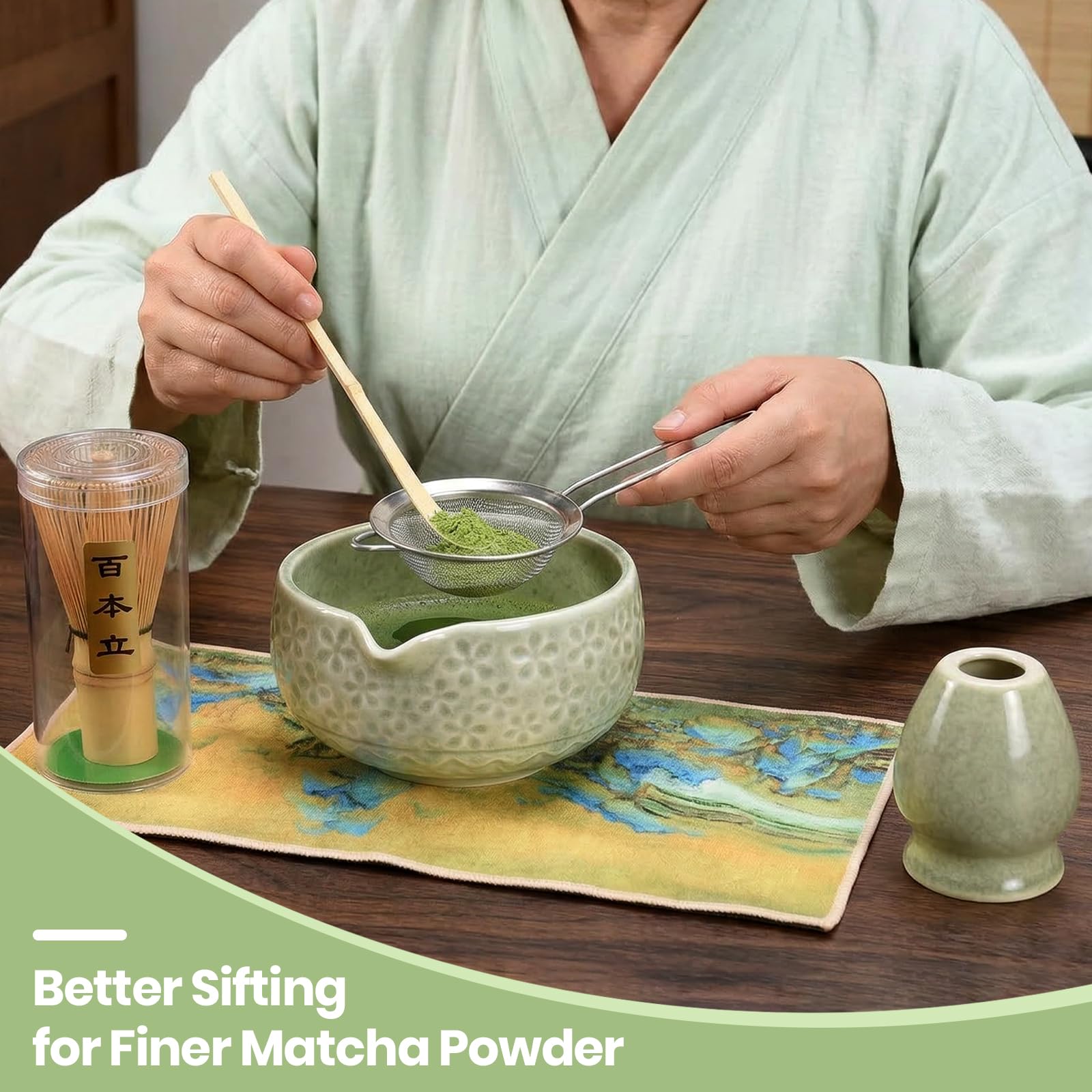 Matcha Kit | Set de Regalo de Ceremonia del Té Matcha 9 Piezas | Cuenco 560ml, Batidor, Cuchara de Bambú, Soporte, Posavasos, Frasco y Colador | Ideal para Principiantes y Entusiastas (Verde)