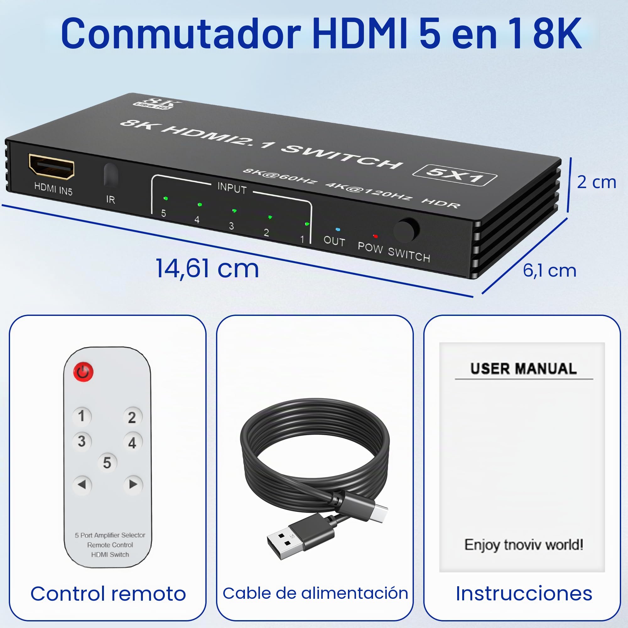 Switch HDMI 2.1 8K 60Hz 4K 120Hz Switcher, 8K Conmutador HDMI 5 Entradas 1 Salida, Selector Hub de Selección Automática 5 Puertos Soporte 8K 60Hz 48Gbps VRR HDCP2.3 HDR10