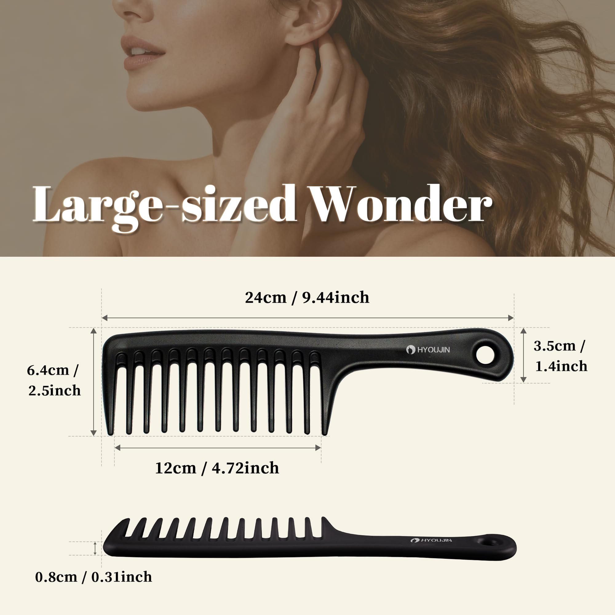 Hyoujin Peine para desenredar el cabello con dientes anchos, mango de mango, peine ideal para cabello largo y mojado