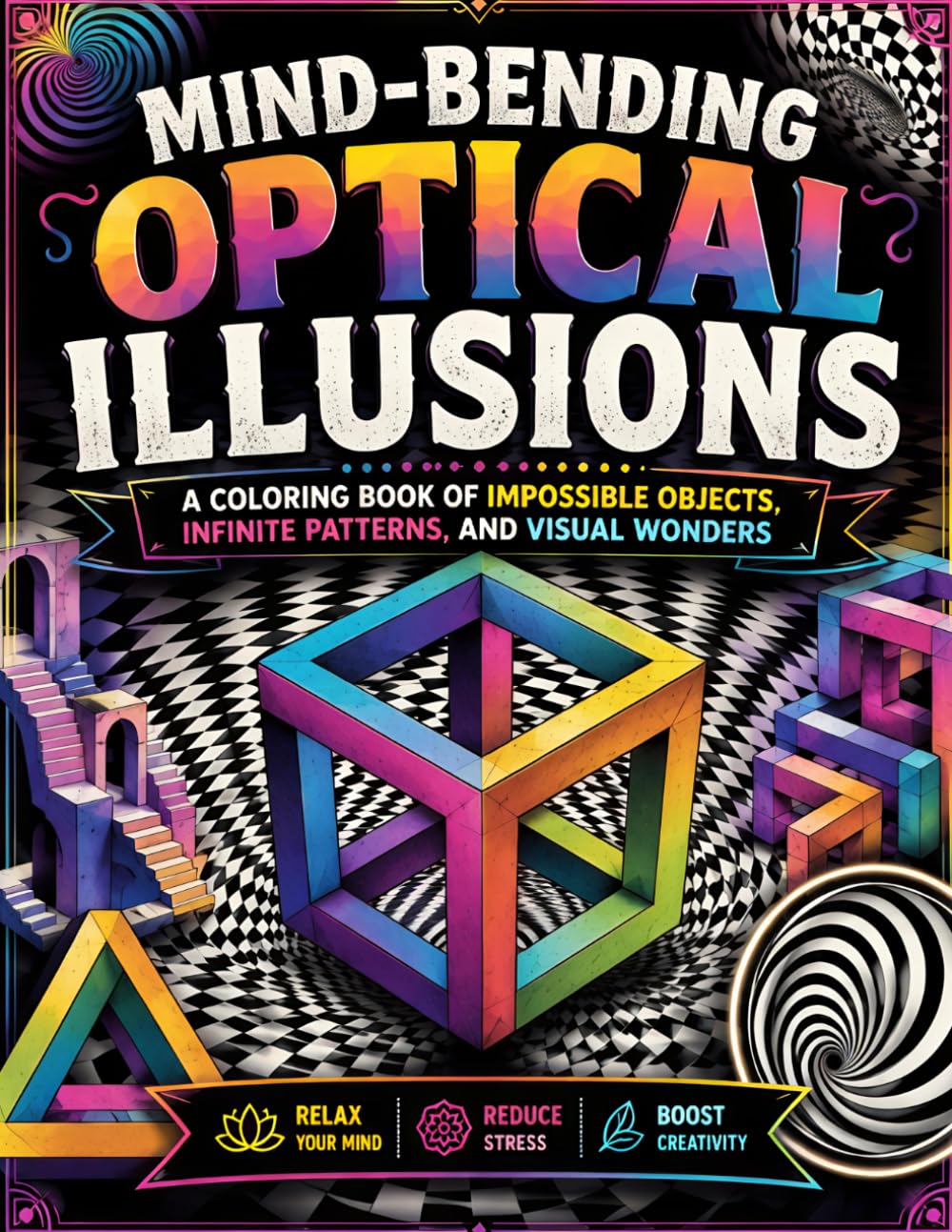 Mind-Bending Optical Illusions: A Coloring Book of Impossible Objects, Infinite Patterns, and Visual Wonders