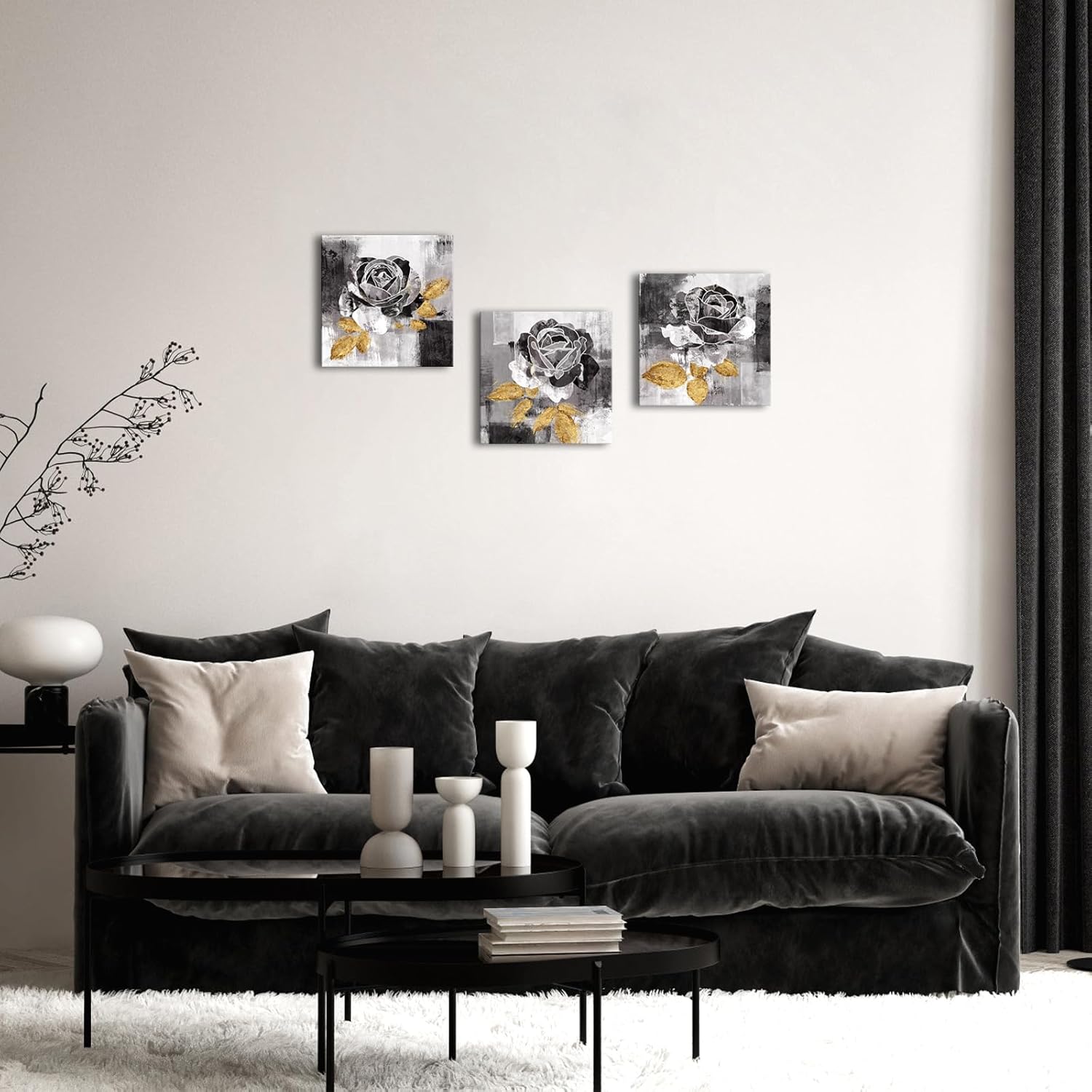 WELMECO Black and Gold Wall Art Flower Painting Pictures Living Room Bedroom Bathroom Wall Decor 12x12inchx3Pieces (Black and Gold)