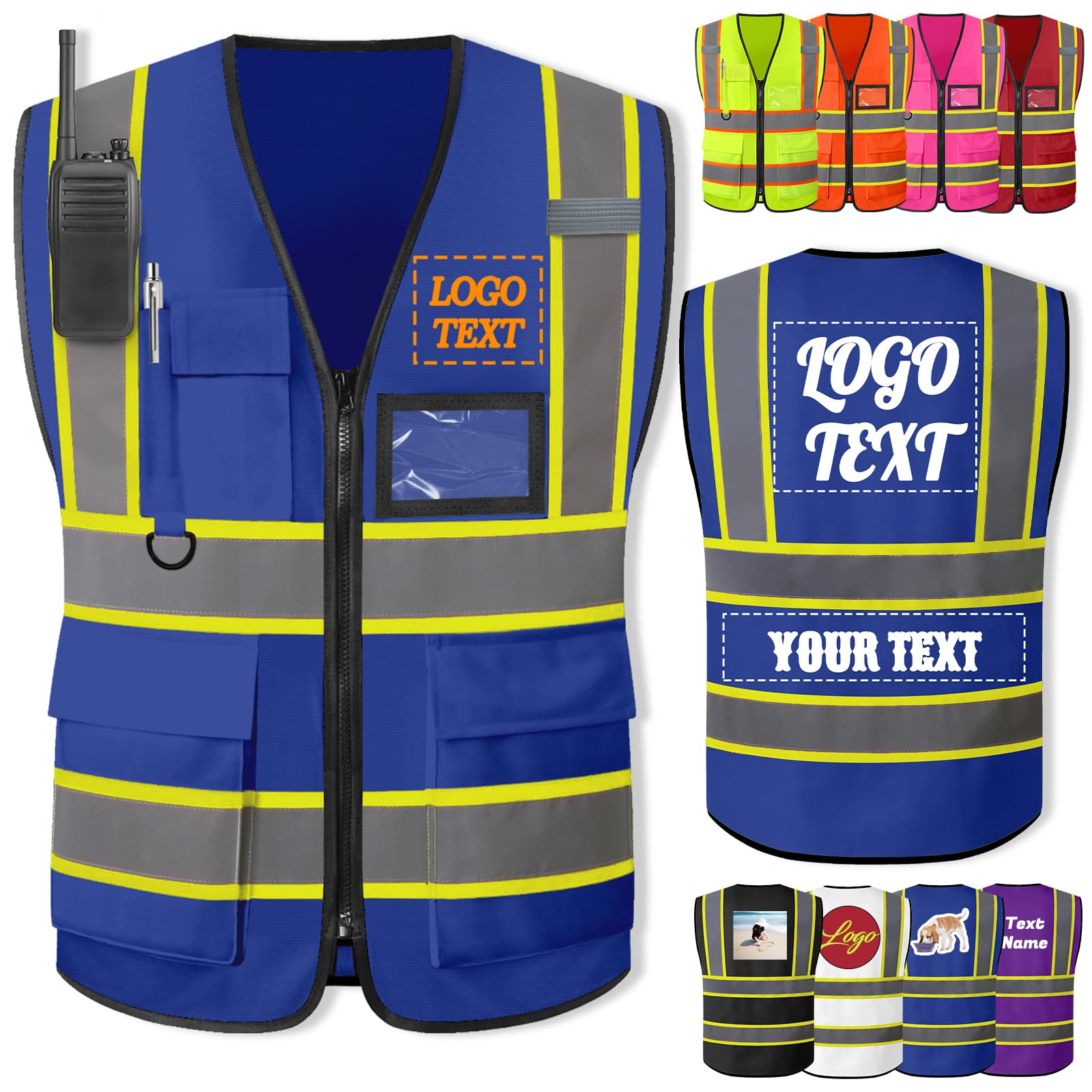 Personalised Safety Vest with Logo Custom Reflective Vest Two Tone High Visibility Safety Vests for Men Women Working, Blue
