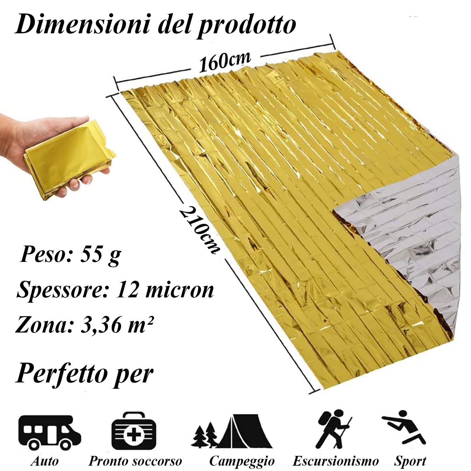 HONYAO Coperta Termica 3 Pezzi, 210×160cm, Coperta Termica Emergenza Oro Argento, CopertaTermica Sopravvivenza, per Salvataggio Protegge da Freddo, Pioggia, Calore e Vento, All'aperto