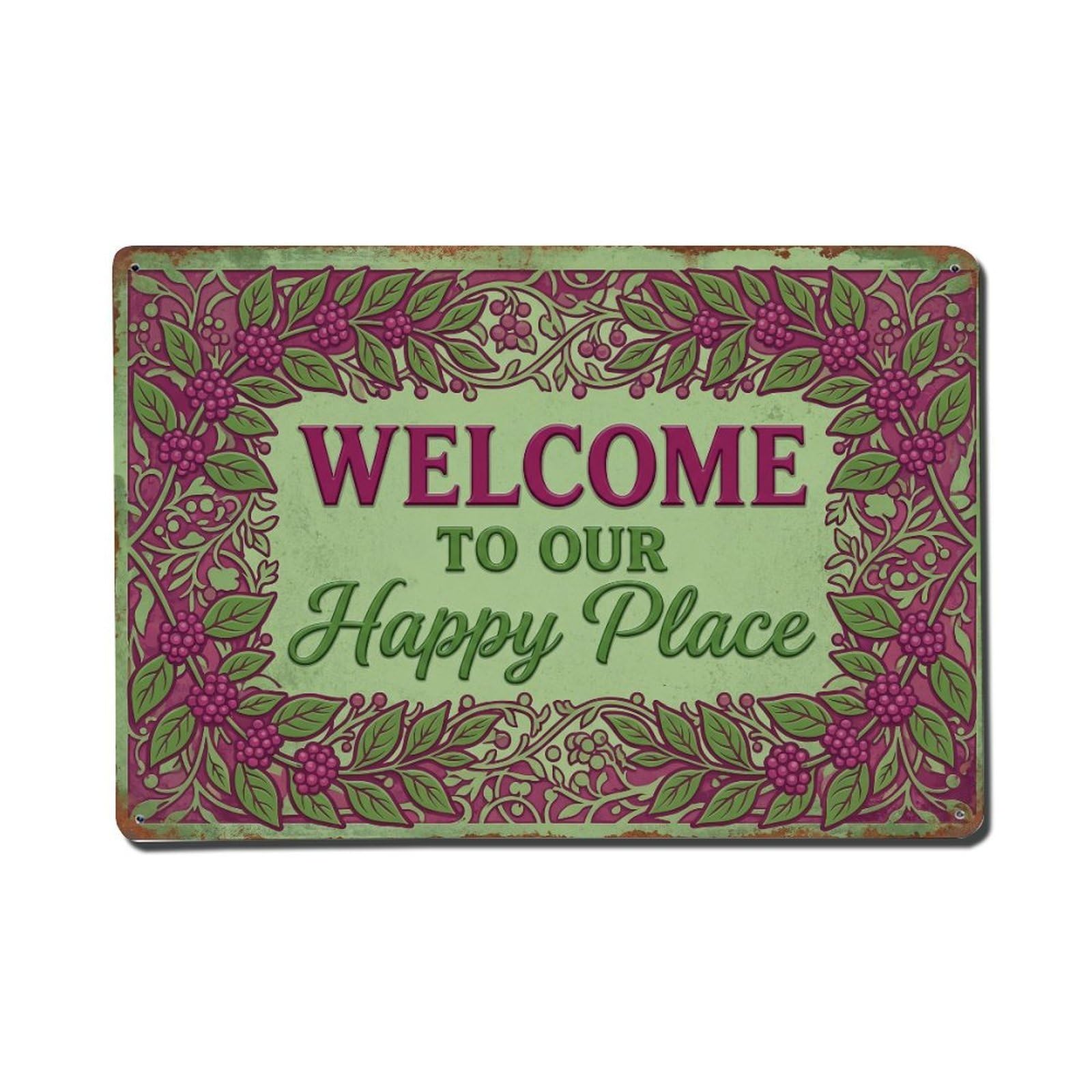 Welcome To Our Happy Place Beautyberry Grove Metal Tin Sign Plaque Wall Decor for Cafe, Club Bar, Office, Home Garden Metal Poster 8x12Inch