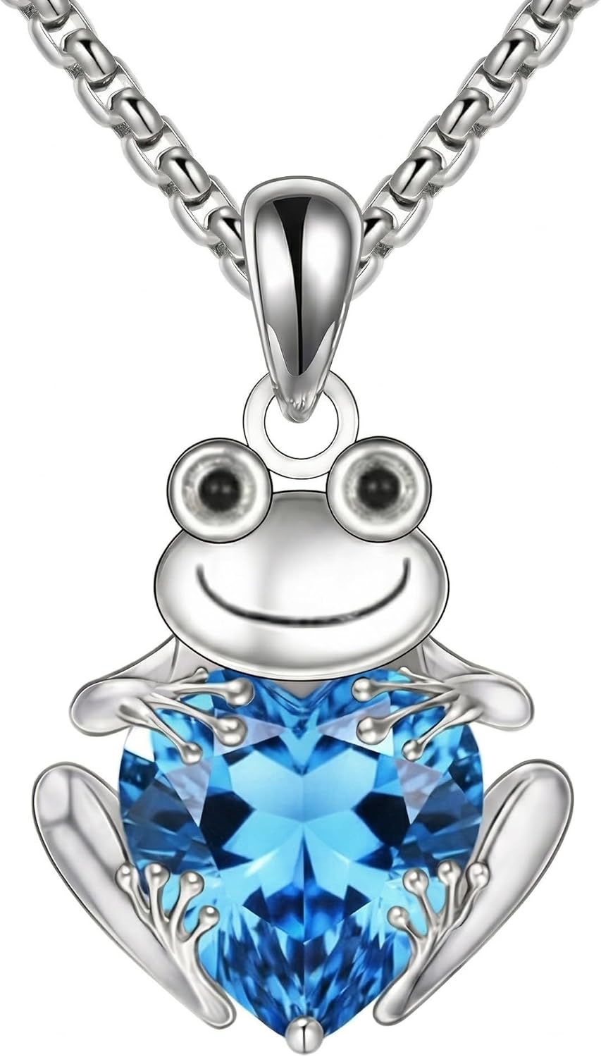 ONEFINITY Frog Necklace 18k White Gold Plated Frog Birthstone Pendant Necklace Animal Heart Birthstone Jewelry Birthday Gift for Women