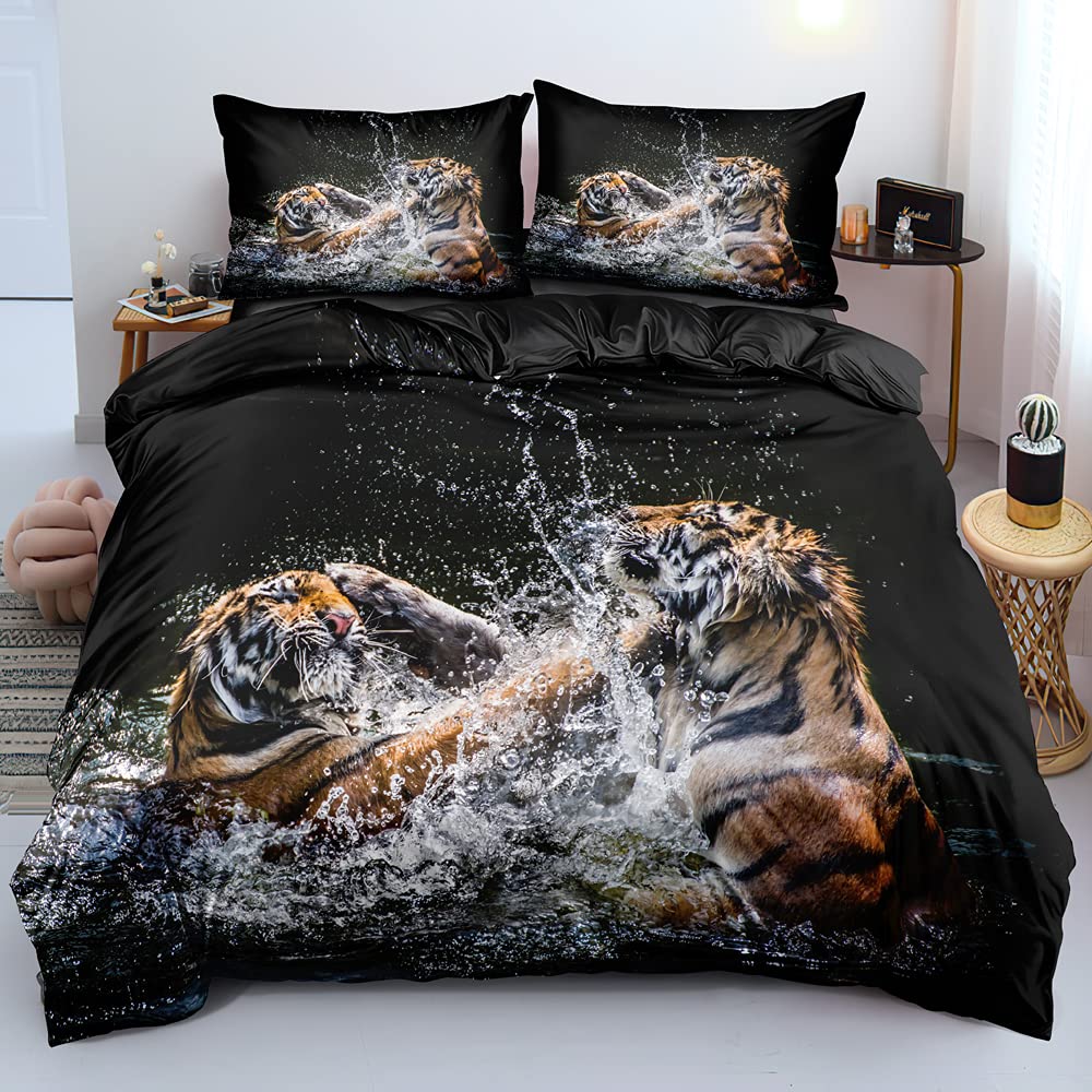 Housse de couette tigre 3D King Size aux finitions soignées avec drap et taies d'oreiller