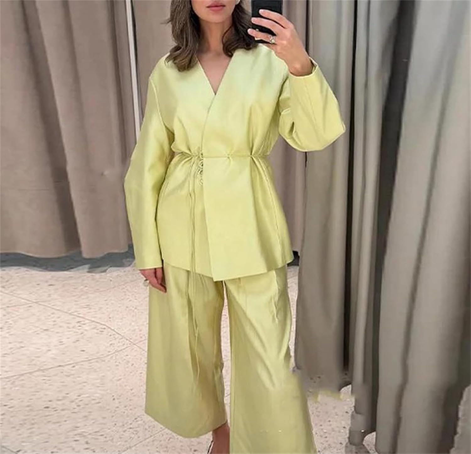 Women’S Satin Shirt Pants Set Loose V Neck Long Sleeves Lace Up Wide Legs Outfits Solid Suit Lounge Set With Pockets