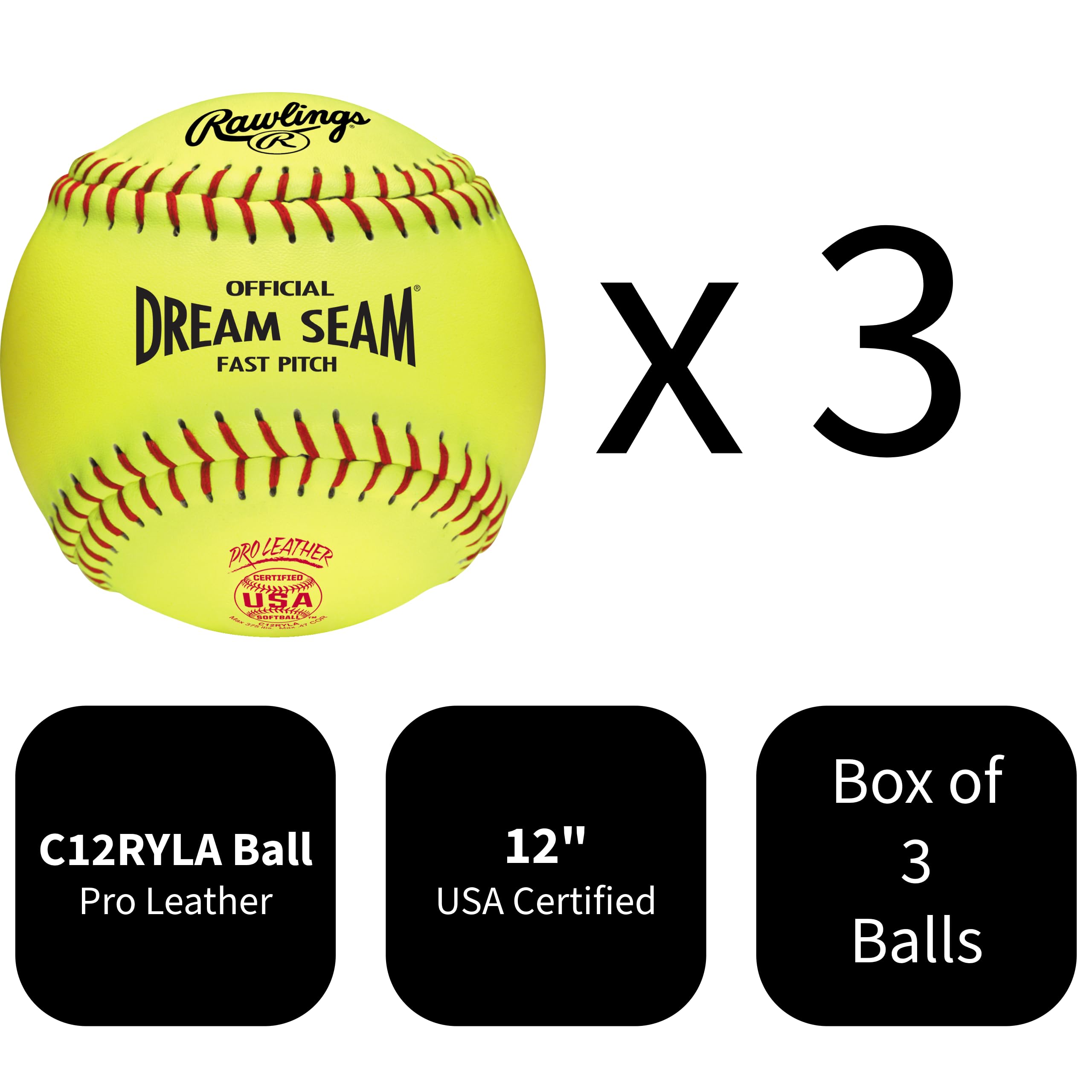 Rawlings Palline da softball ufficiali USA Pro Leather Dream Seam Fastpitch | USA/ASA | C12RYLA | 30,5 cm | 3 pezzi