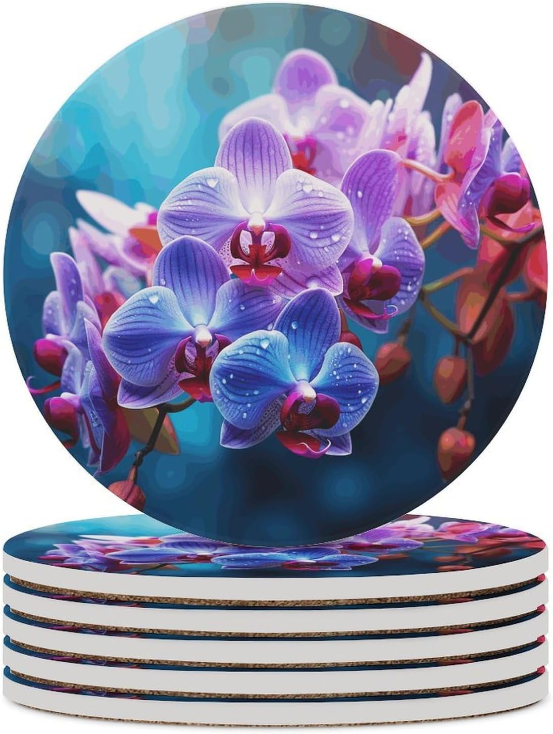 Colorful Orchids Flower Coaster with Cork Base Drink Coasters for Coffee Table Decor Modern Cup Coasters with Non-Slip & Heat-Resistant Cute Ceramic Table Coaster for Home Dining