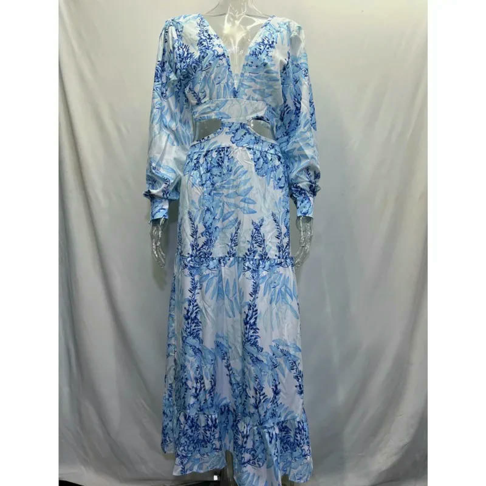 Vestiti a Maniche Lunghe F Primaverile Femminile da Donna, Stampato di Moda Sexy Abito V-Collo Profondo, Spunta, Sera Elegante, Estivo Elegante