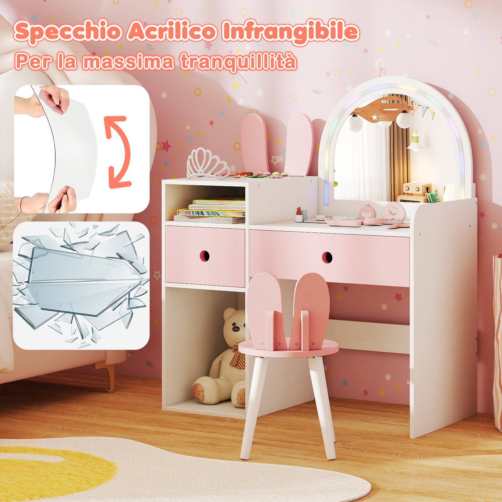 COSTWAY Toeletta Trucco per Bambina 3+ Anni con Sgabello, Tavolo Trucco in Legno Sicuro con Specchio Illuminato, Scaffali Aperti e Cassetti, Set Mobile da Principessa per Cameretta Bambina (Bianco)