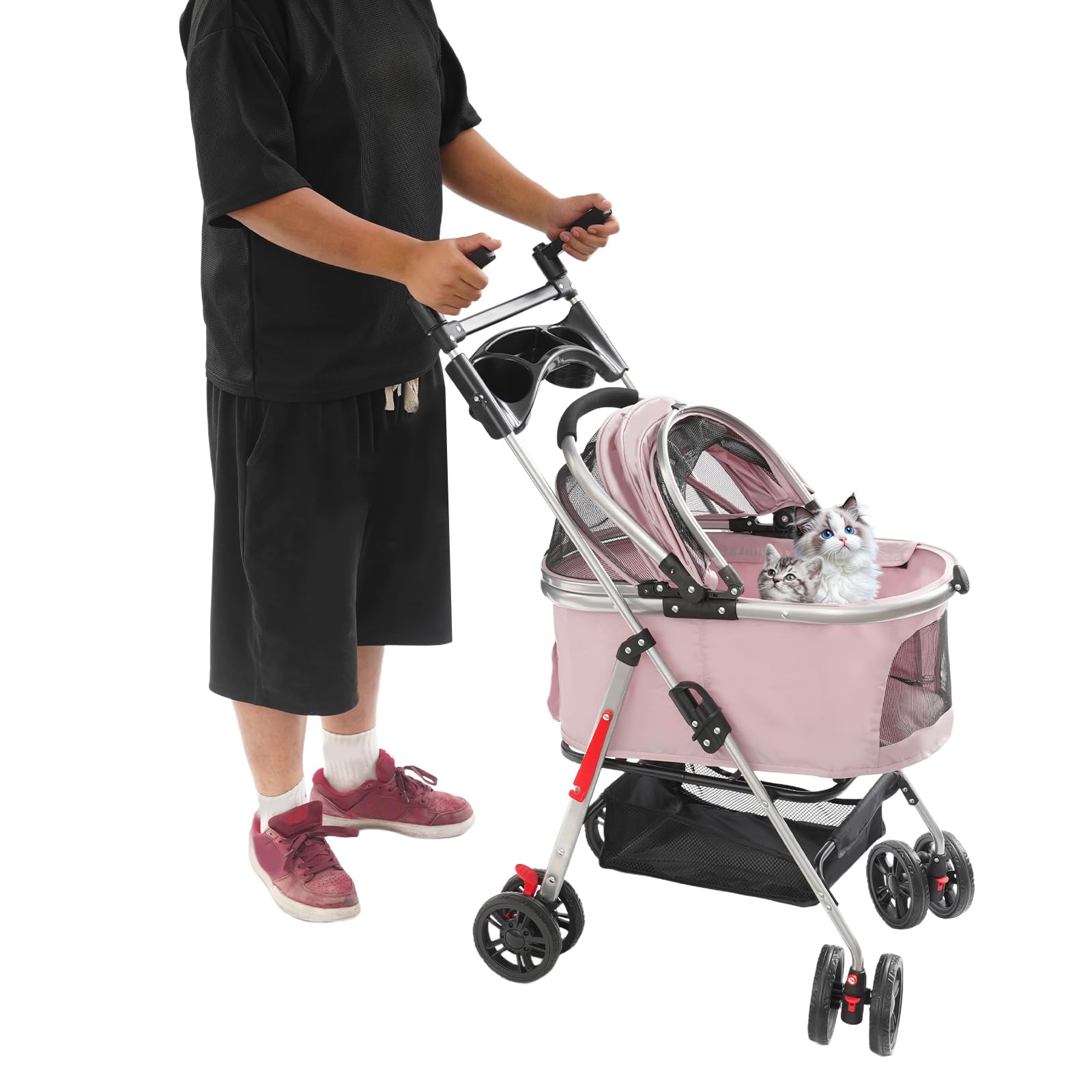 Poussette pliable pour chien avec roues universelles, pour chats et petits chiens, 50 x 60 cm (rose sakura)
