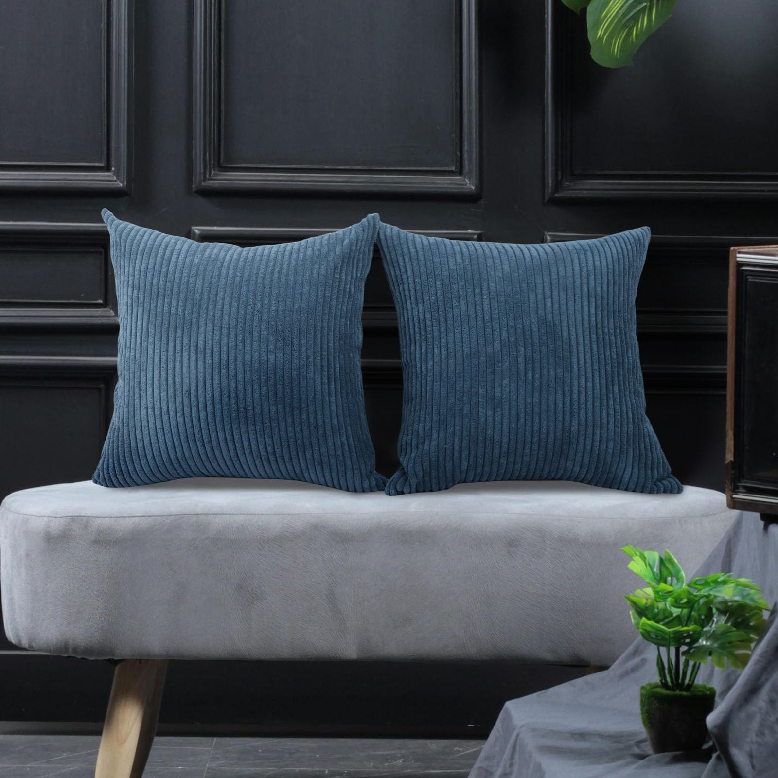 Betadistor Navy Cushion Covers Set of 2 Corduroy - Decorative Square Striped Pillowcase 45x45cm for Home Decor 517-0364