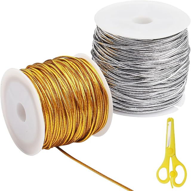 2 Roll DIY Craft String, 50M Craft Making Elastic Cord 1MM Thick Gold Silver Metallic String for Christmas String Gift Wrapping String and Craft Making Gift Wrapping