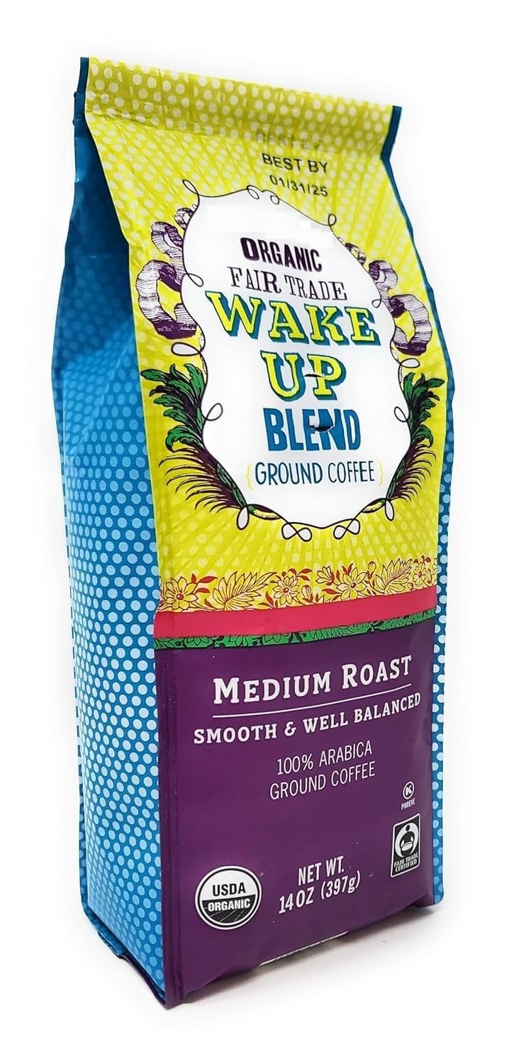 Organic Fair Trade Wake Up Blend Ground Coffee Medium Roast, Smooth & Well Balanced, 100% Arabica Ground Coffee - Pack of 1