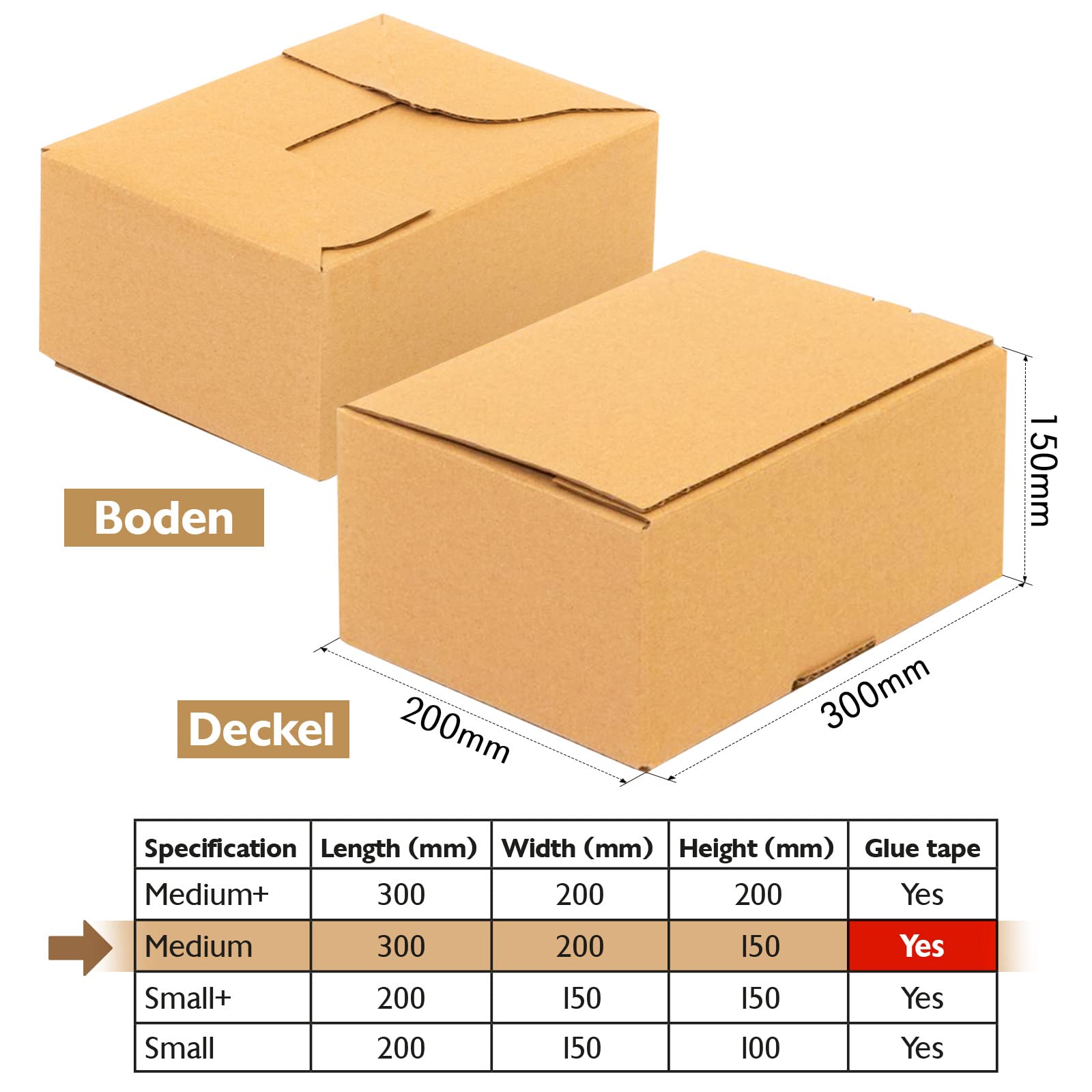 Konzept 11 - Boîte d'expédition 30x20x15 cm Lot de 50 pièces. Cartons pliables avec couvercle auto-adhésif, petits cartons pour envoi, emballage, colis DHL taille S différentes tailles