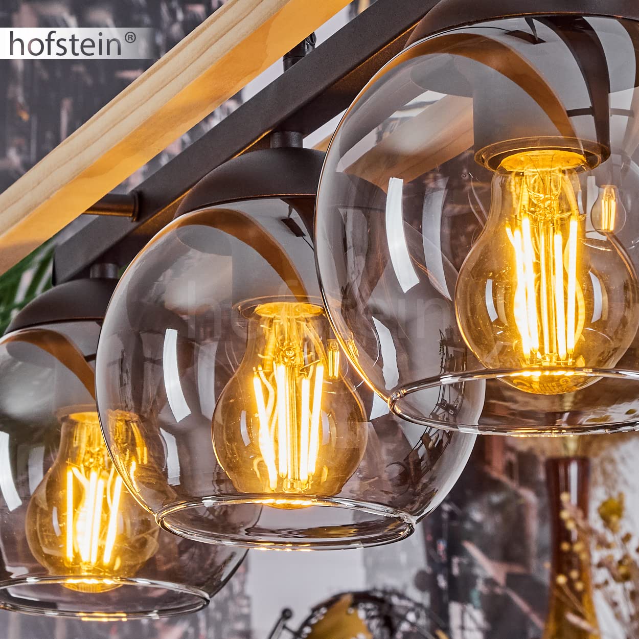Lampada a sospensione Podre, lampada moderna in metallo/legno/vetro in colore nero/natura/fumo, 4 luci, con paralume in vetro reale (15 cm) e asta in legno, altezza massima 129cm, E27, senza lampadine