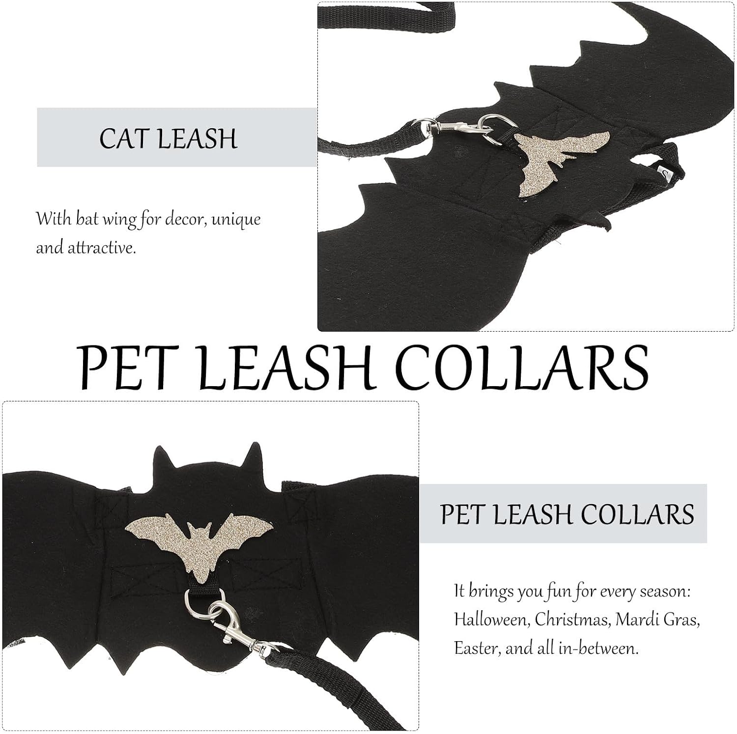 2 Pcs Halloween Bat Wing Pet Leash and Chest Strap Harness for Puppy and Cat, Black Felt Material, for Parties and Mardi Gras