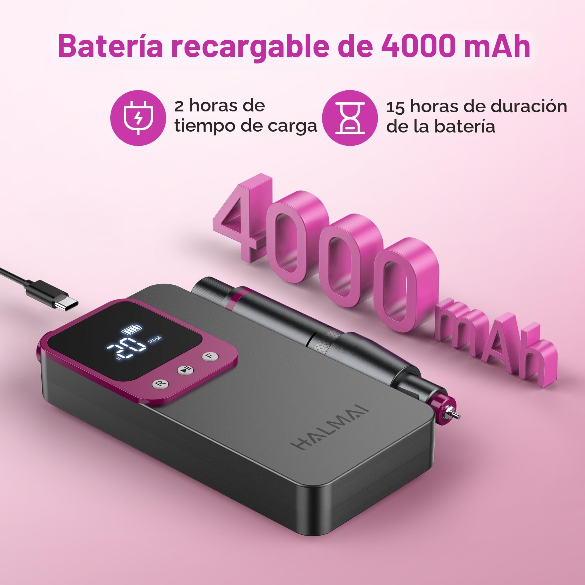 Taladro Eléctrico para Uñas Profesional HALMAI, Kit de Lima Portátil Inalámbrica para Uñas Acrílicas y de Gel, Máquina Recargable de Alta Potencia 40000 RPM para Salón - Modelo HMC320 (Gris Oscuro)