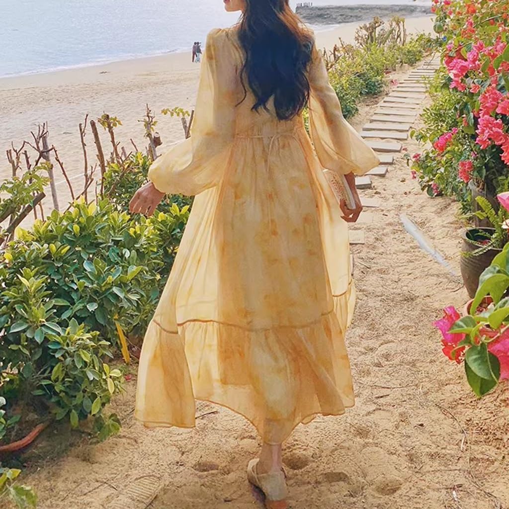Abito Donna Francese con Stampa Ombre, Abito Lungo da Spiaggia con Volant E Scollo A V Primavera/Estate, Maniche A Palloncino/Vita Alta