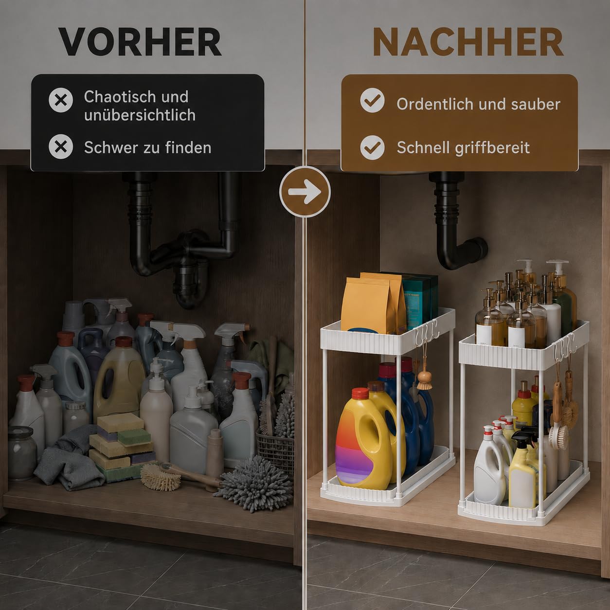 Küchenschrank Organizer Ausziehbar, 2er Set Spülschrank Organizer mit Ausziehbarem Unterkorb, Unter Waschbecken Regal, 2-Stufiger Küchen Organizer mit 5 Haken für Küche & Bad, Weiß