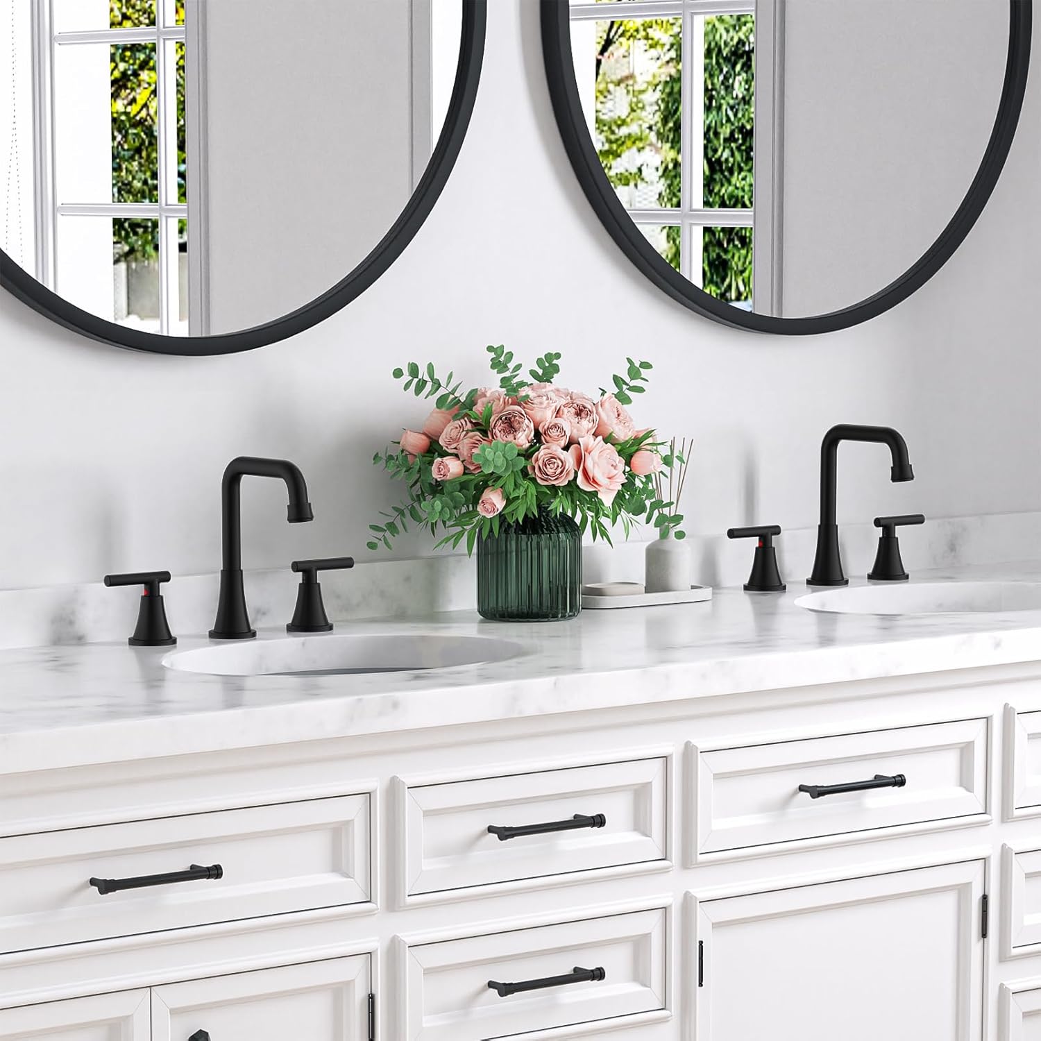 Bathroom Faucet 3 Hole, Matte Black Bathroom Sink Faucet with Drain Assembly and Supply Lines, Square Spout Widespread Bathroom Faucet for Vanity RV Outdoor, 2 Pack
