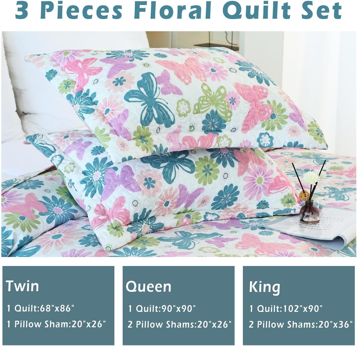 Cmfshape Romantic Pink&Blue Quilt Set Queen Size,Reversible Bedspread Coverlet 3-Piece,Floral Bed Cover Set with Pillow Shams,Lightweight Microfiber Bedding Set for All Season (Pink&Blue,90x90)