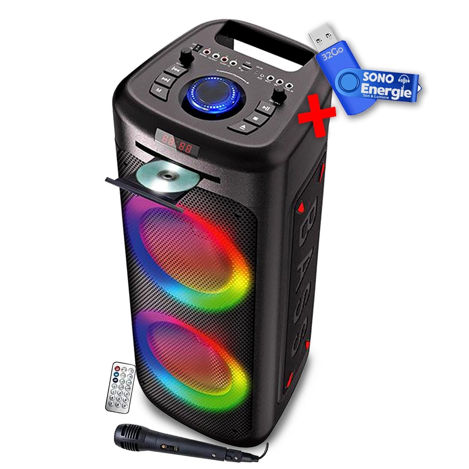 Enceinte Autonome Lumineuse avec Lecteur CD Inovalley MS06-CD-XXL - Bluetooth 5.0 / USB - 1000W - Karaoké, Radio FM+ Clé USB 32G